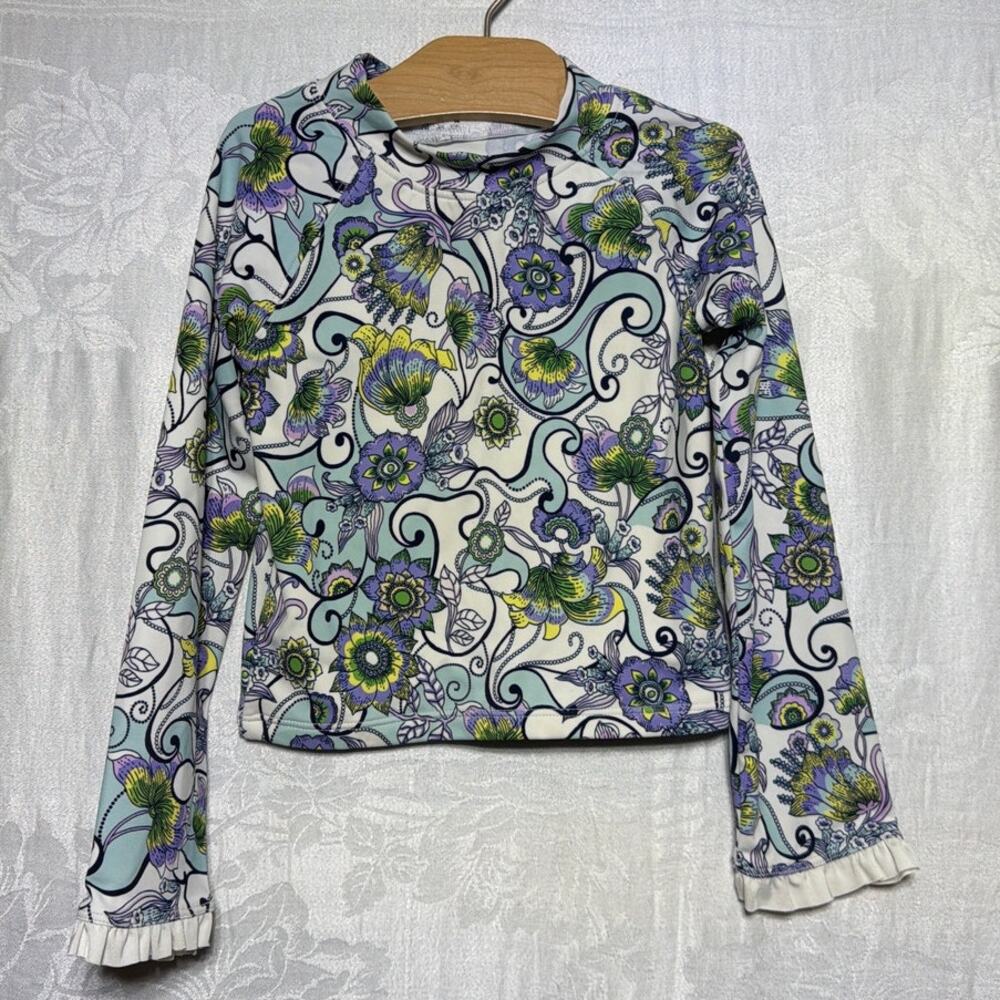 Janie and Jack Rash Guard 3 Toddler Purple White Floral Ruffle Swim Sun Top